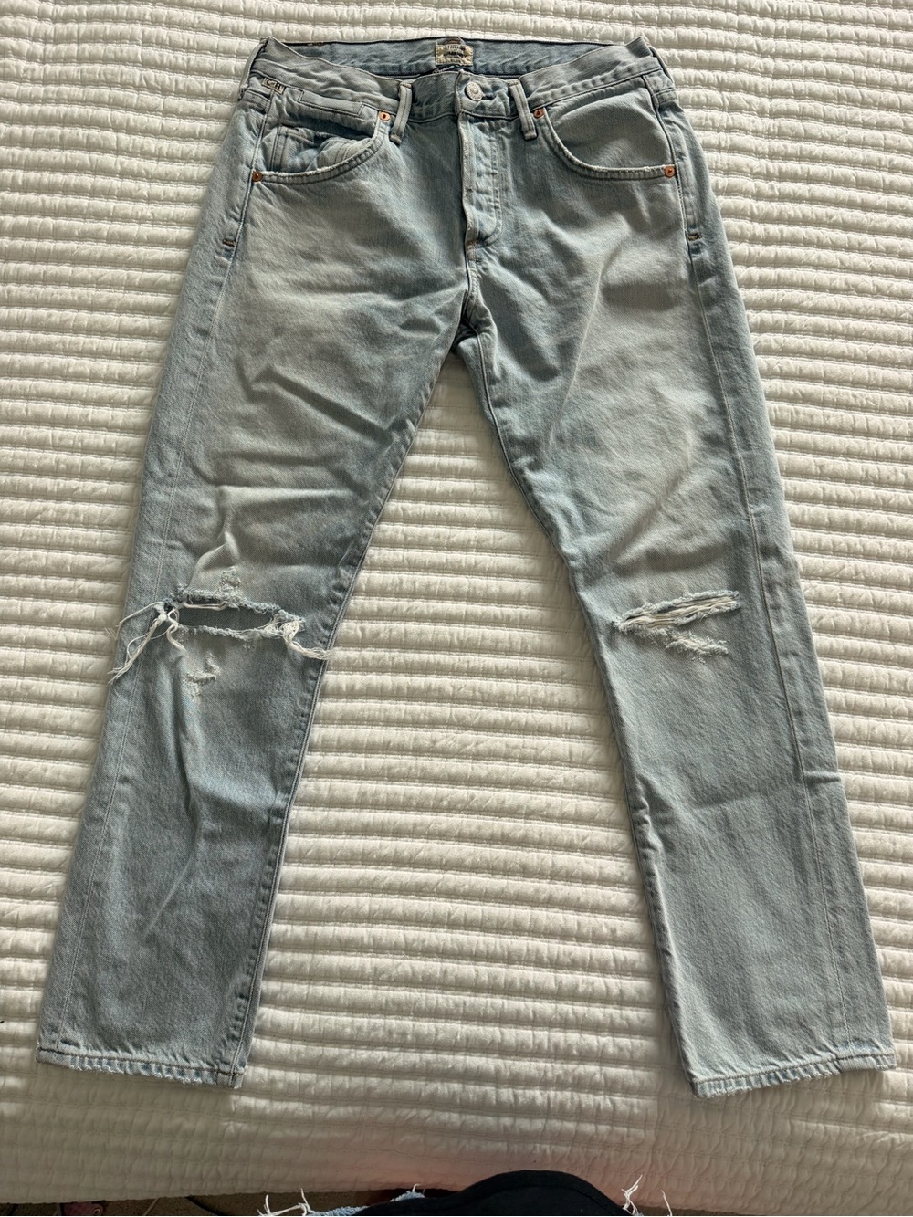 Citizens Of Humanity Light Blue Slim Straight Jeans with Knee Rips